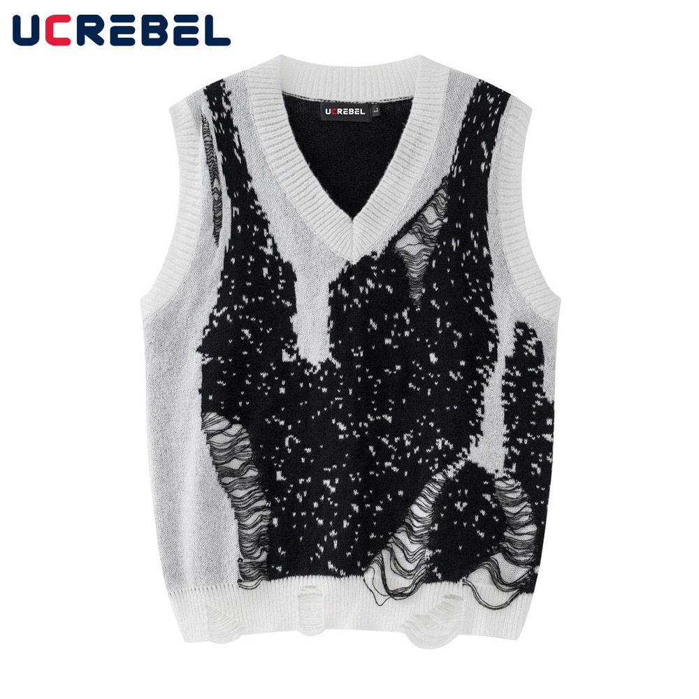 Panelled Ripped Hole Sleeveless Vest Mens High Street Jacquard Casual Tank Top Autumn V-neck Loose Pullover Men Knitted Sweater